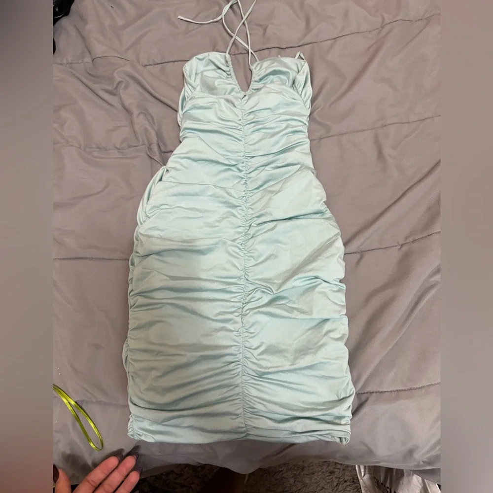 Oh Polly Light Blue Ruched Mini Dress - Picture 3 of 4
